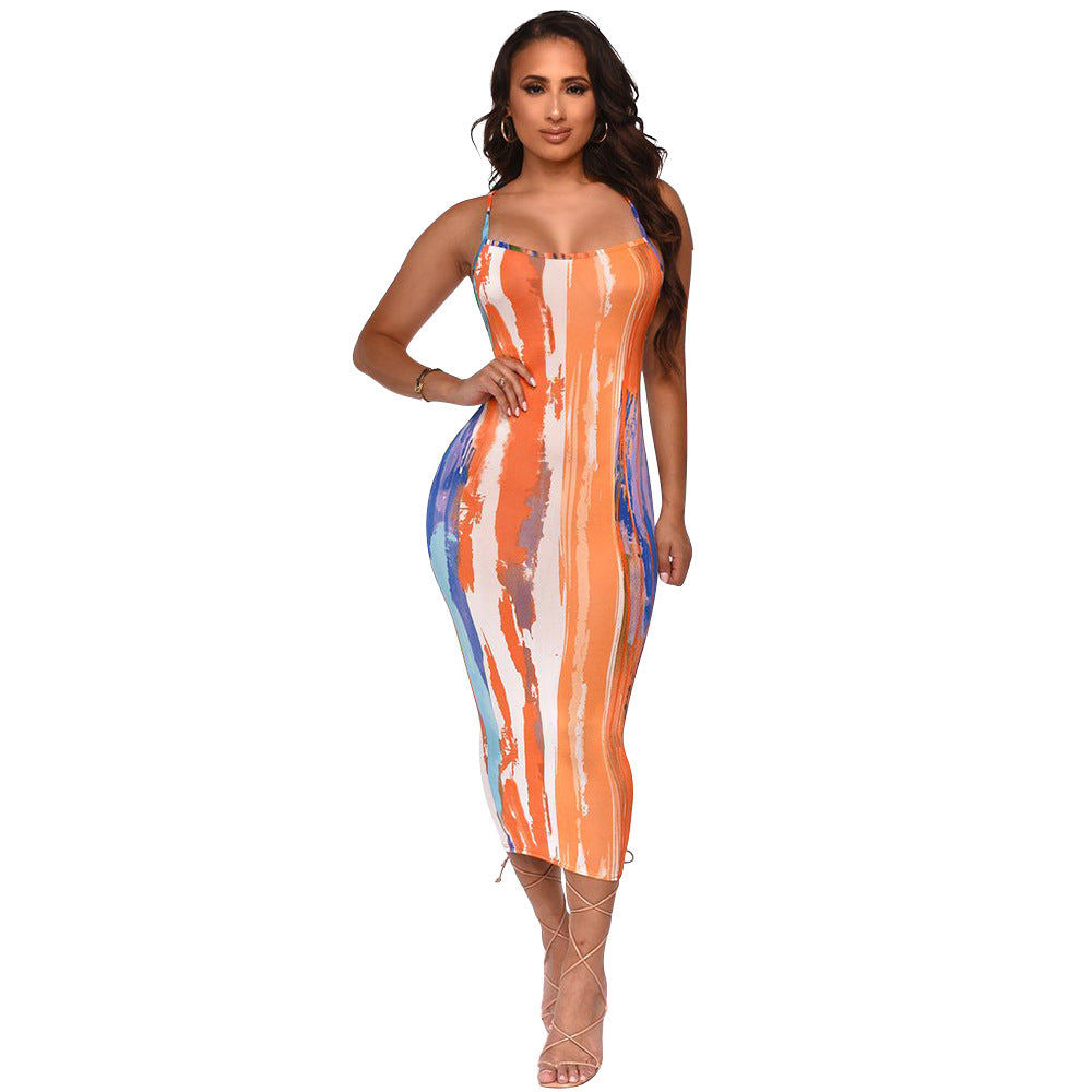 Women's Chic and Elegant Abstract Pattern Fitted Midi Dress