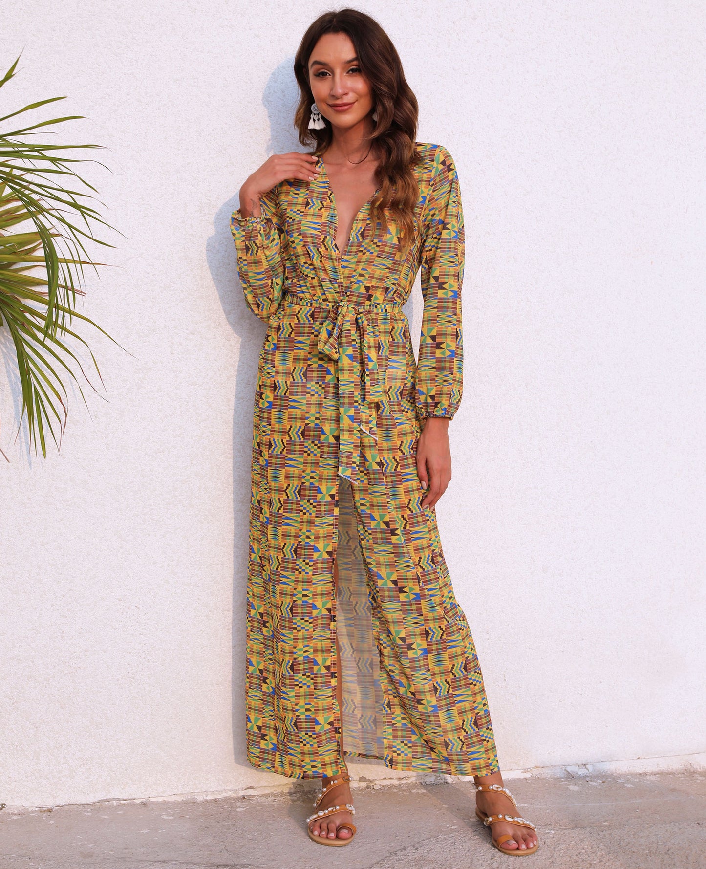 Femme Robe Maxi Enveloppe à Manches Longues Chic und Stil