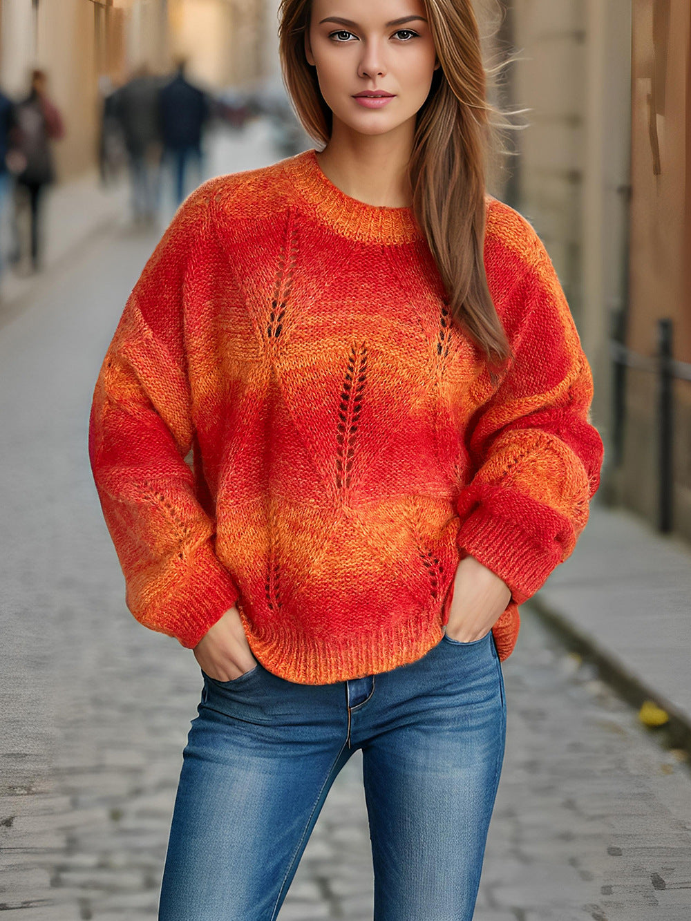 Pull en tricot décontracté pour femmes avec un motif de trous moderne et des manches volumineuses Chic und Stil