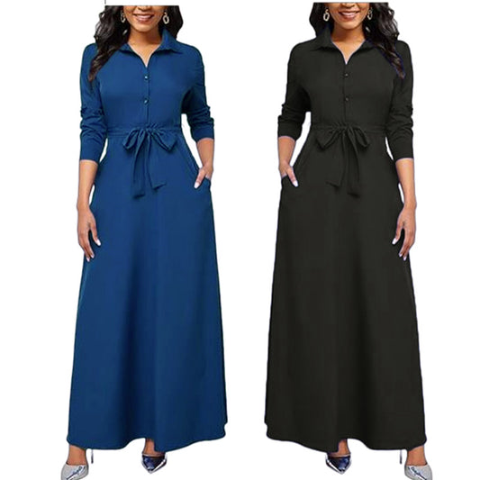 Robe maxi pour femmes avec col de chemise chic et ceinture à la taille Chic und Stil