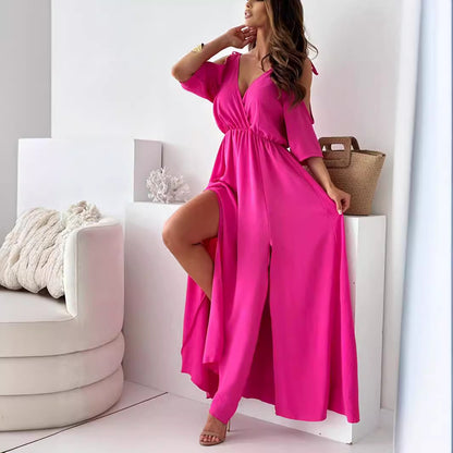 Robe maxi élégante pour femmes avec décolleté en V profond et fente Chic und Stil
