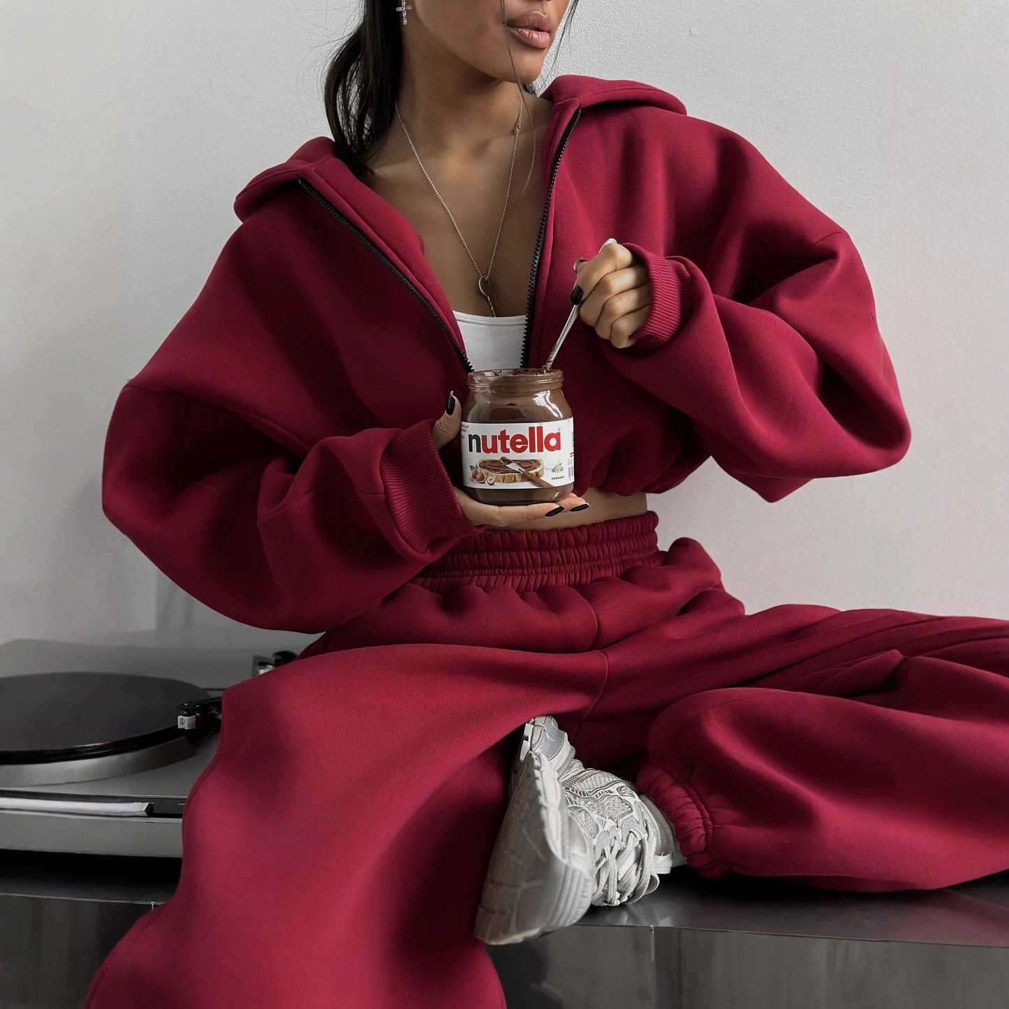 Chic and Style women's hoodie jacket and sweatpants set in crepe