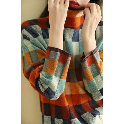 Pull en tricot pour femmes avec un motif à carreaux moderne et un col haut Chic und Stil