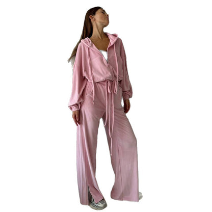 Women's sporty lounge set with comfortable hoodie and chic wide leg pants style