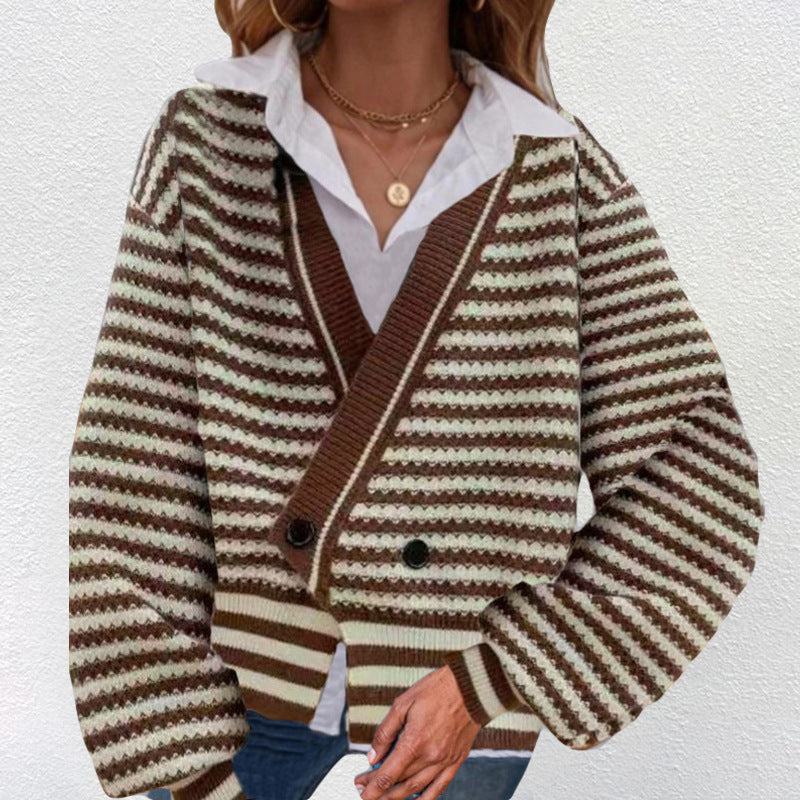 Dames Gros Tricot Cardigan avec Encolure en V et Rayures Modernes Chic und Stil