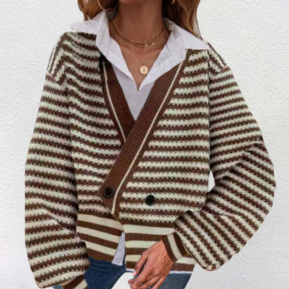 Dames Gros Tricot Cardigan avec Encolure en V et Rayures Modernes Chic und Stil