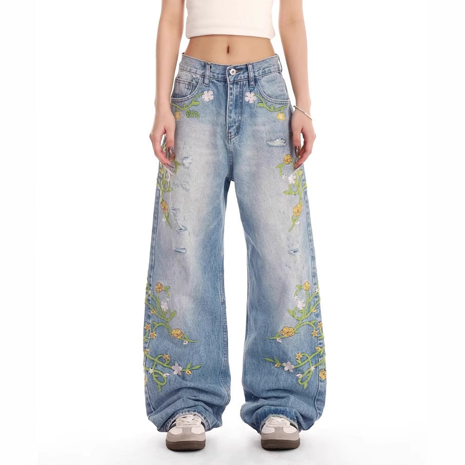 Dames brodé large Denim jeans Chic und Stil