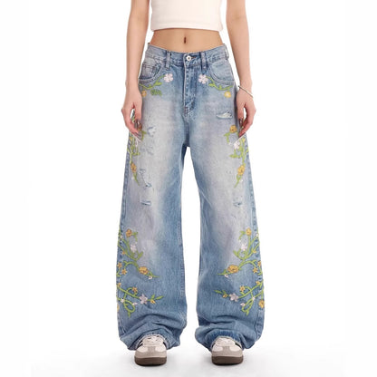 Dames brodé large Denim jeans Chic und Stil
