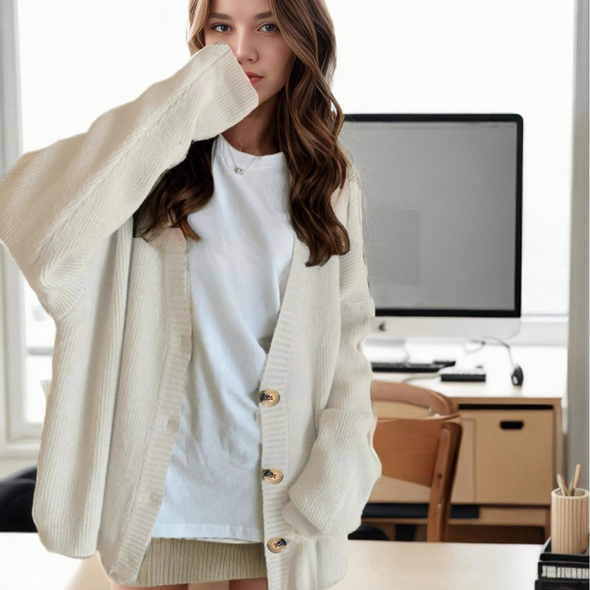 Dames grand tricot cardigan avec décolleté en V profond et grands boutons Chic und Stil