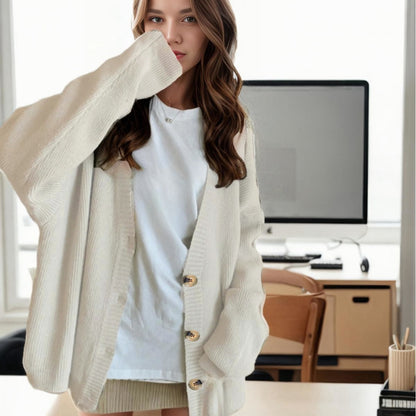 Dames grand tricot cardigan avec décolleté en V profond et grands boutons Chic und Stil