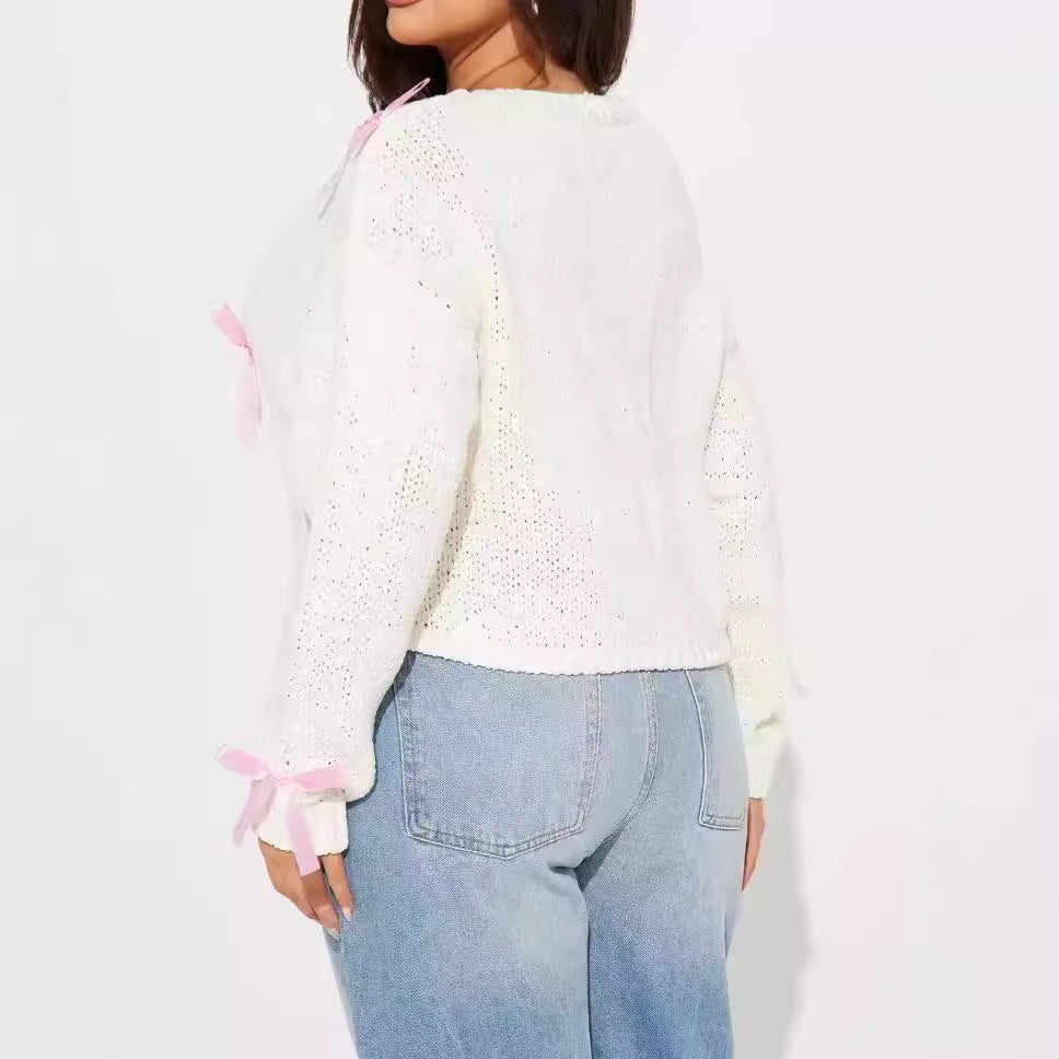 Dames Pull en tricot mignon avec applications de nœuds Chic und Stil