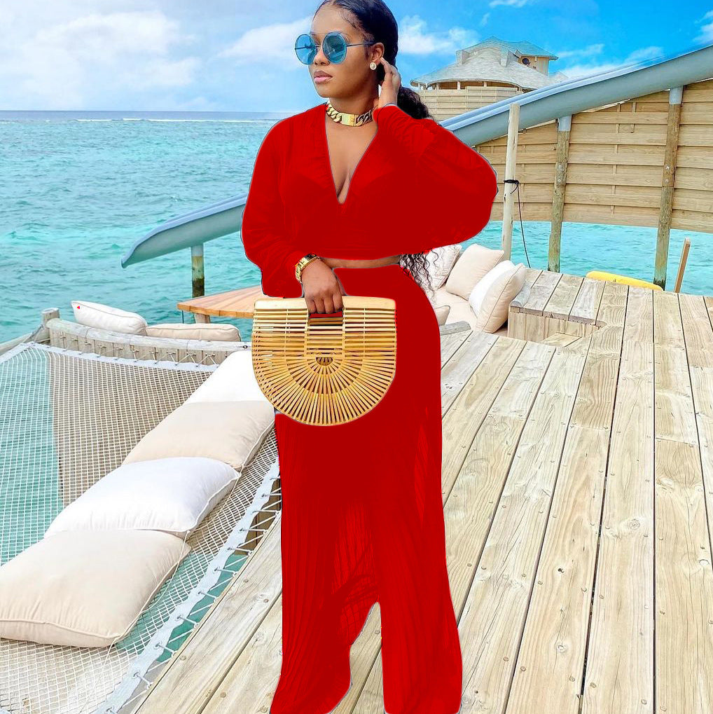 Dames Ensemble élégant en deux pièces avec une coupe ample et un décolleté en V profond Chic und Stil