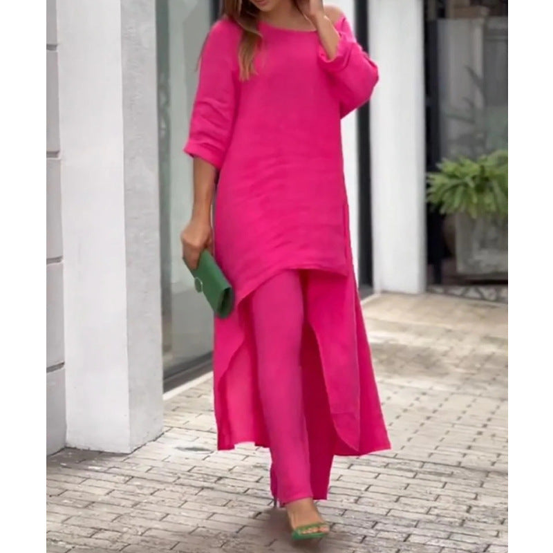Asymmetrical elegant linen tunic set for women and Chic und Stil pants