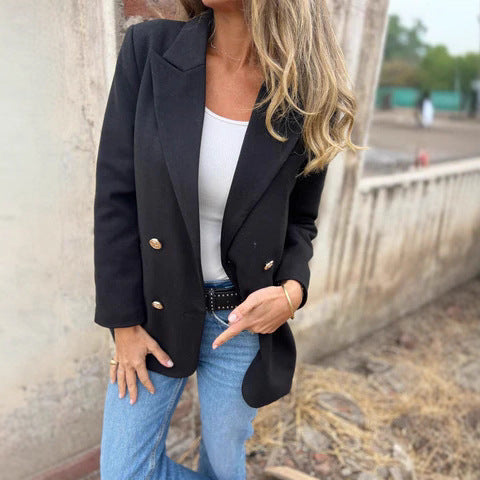 Dames Blazer élégant à double boutonnage avec tissu texturé et boutons dorés Chic und Stil