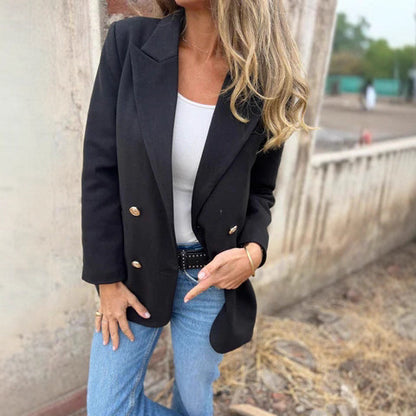 Dames Blazer élégant à double boutonnage avec tissu texturé et boutons dorés Chic und Stil
