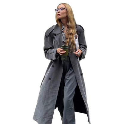 Dames élégant long trench-coat avec design texturé et large revers Chic und Stil