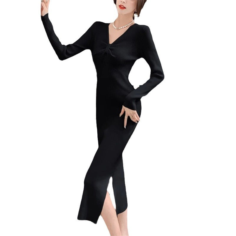 Robe en tricot pour femmes avec décolleté V plongeant et élégante structure côtelée Chic und Stil