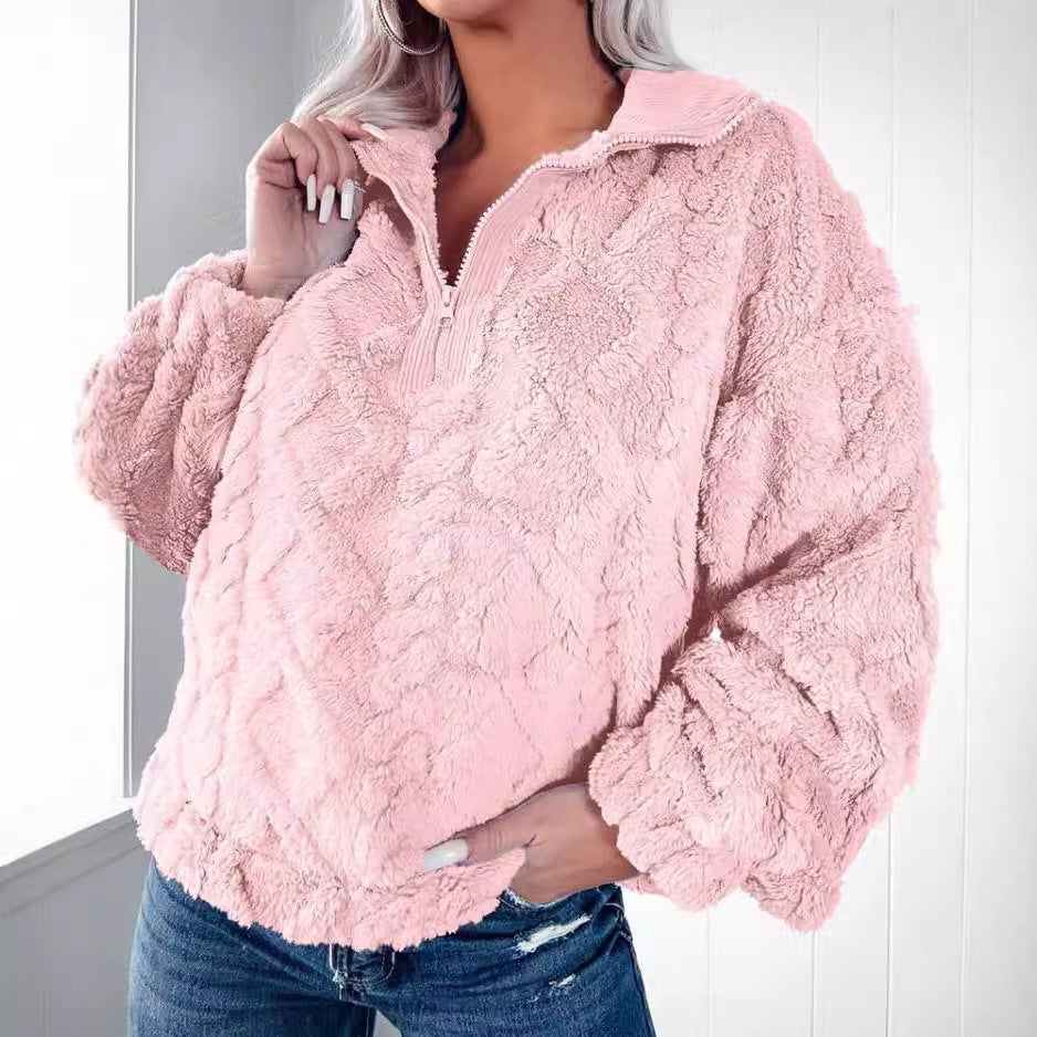 Dames pull-over en polaire douillet avec fermeture éclair et manches larges Chic und Stil