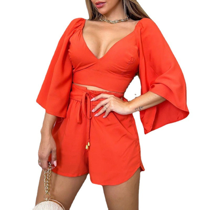 Ladies Elegant Bell Sleeve Crop Top and Shorts Set Chic and Stylish