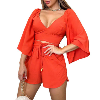 Ladies Elegant Bell Sleeve Crop Top and Shorts Set Chic and Stylish