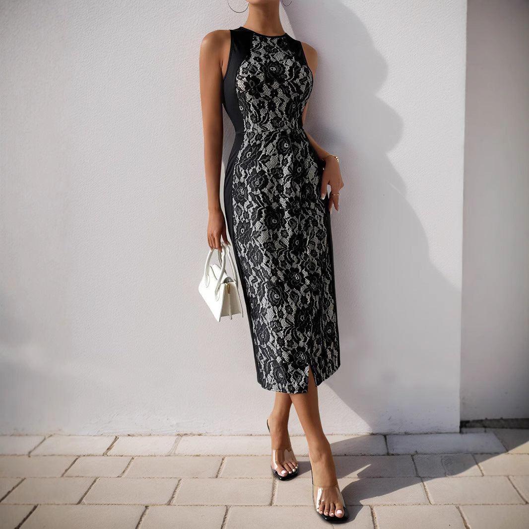 Femme Élégant Midi Robe avec Détail en Dentelle et Fente Latérale Chic und Stil