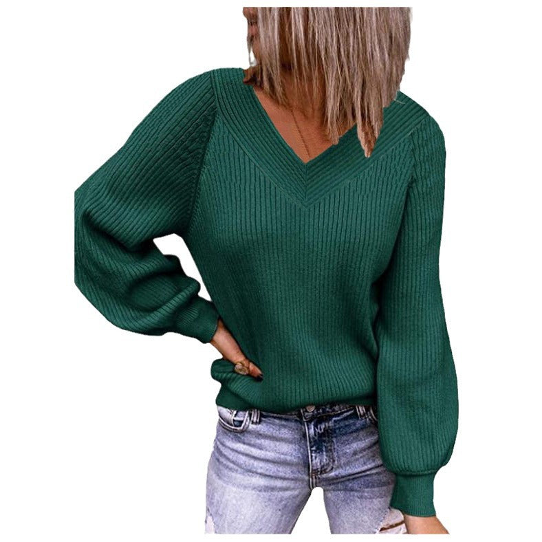 Pull en tricot pour femmes avec décolleté en V et manches bouffantes Chic und Stil