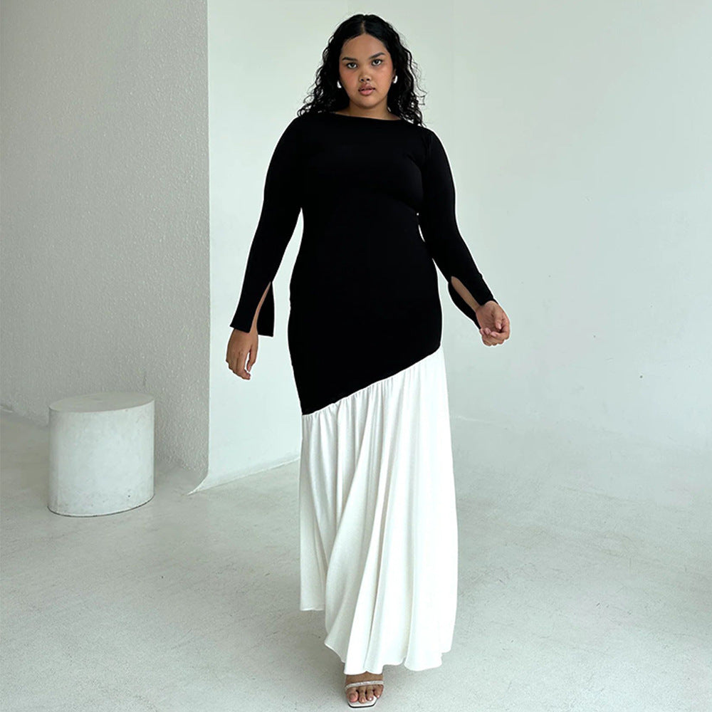 Robe maxi élégante et asymétrique pour dames avec des manches longues et des contrastes de couleurs Chic und Stil