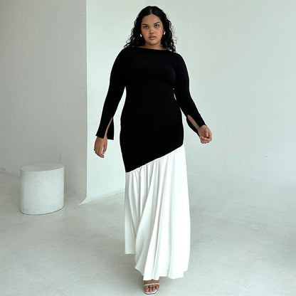 Robe maxi élégante et asymétrique pour dames avec des manches longues et des contrastes de couleurs Chic und Stil