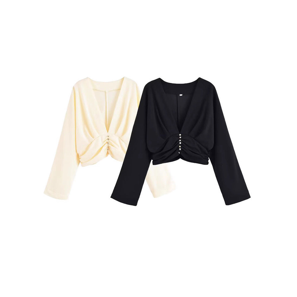 Dames haut élégant avec décolleté en V profond et design de ruché raffiné Chic und Stil