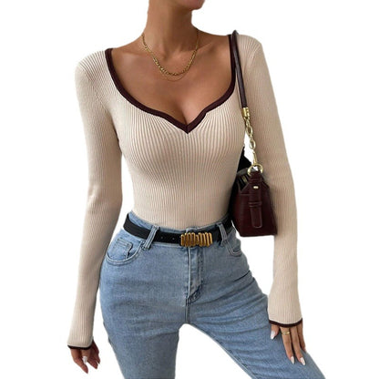 Dames body à manches longues en V en tricot côtelé Chic und Stil