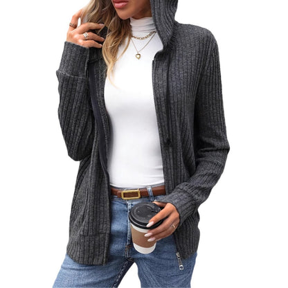 Ladies pullover and cozy knit with hood and ribbed structure Chic and Style