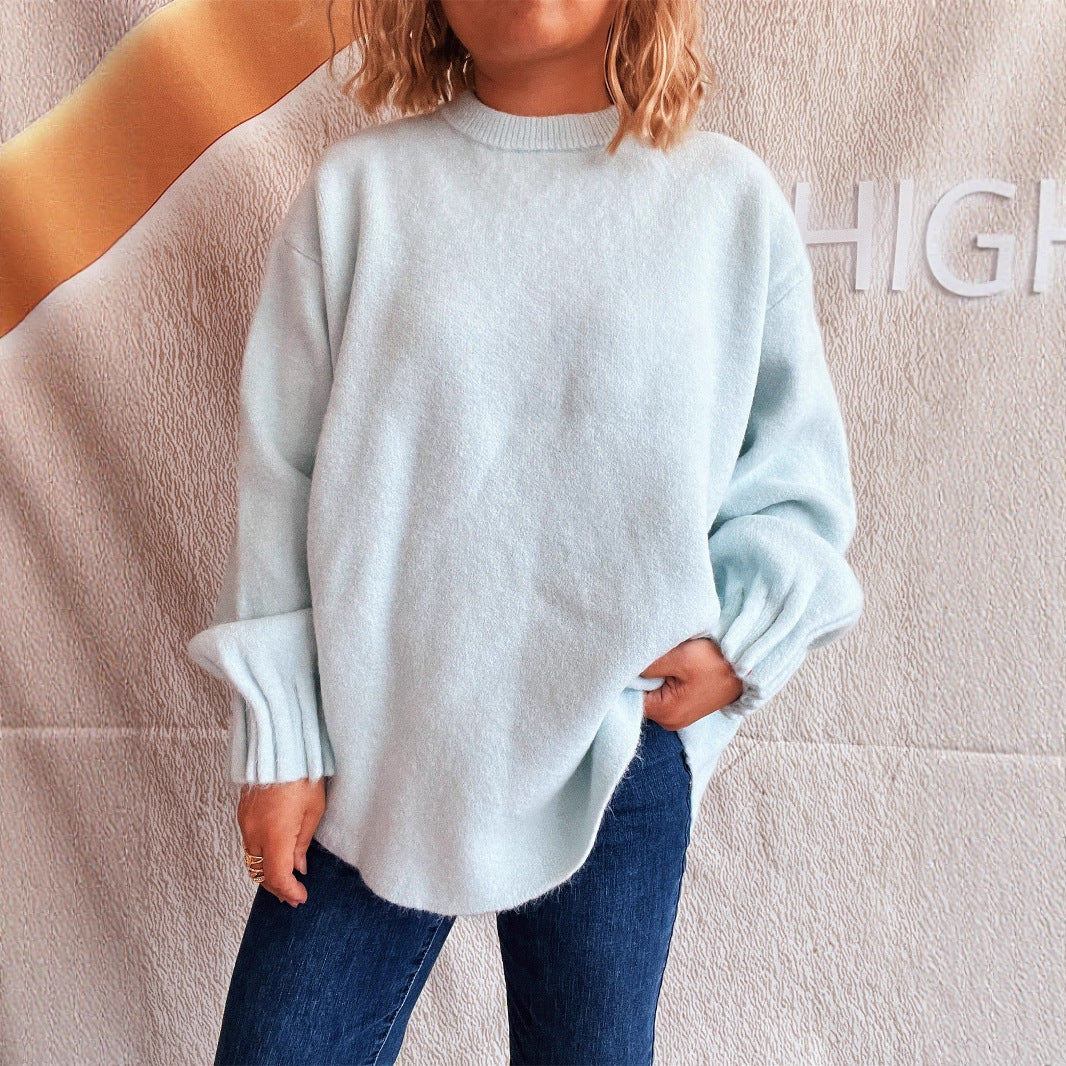 Pull en tricot décontracté pour femme avec col rond large et texture floconneuse Chic und Stil