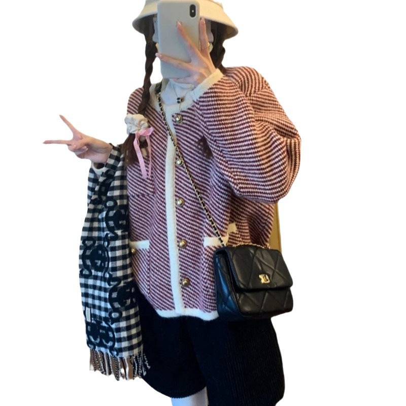 Dames élégant cardigan en design classique pied-de-poule avec boutons dorés Chic und Stil