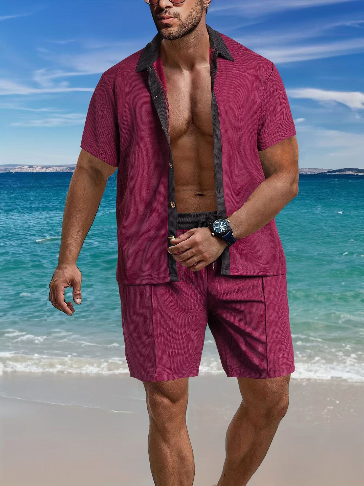 Homme ensemble de chemise à manches courtes décontractée et de shorts au design structuré Chic und Stil