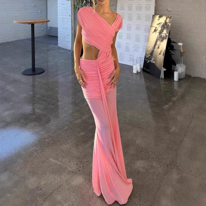 Dames Robe Maxi Élégante avec Coupe Asymétrique et Détails Volants Chic und Stil