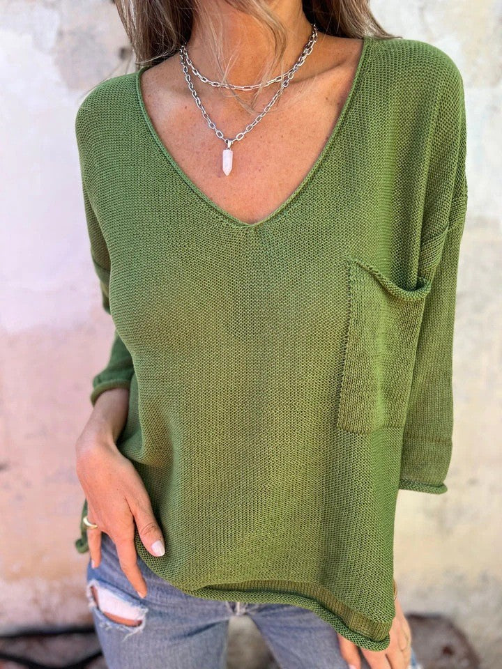 Pull-over V à col en V pour femmes avec poche pratique Chic und Stil