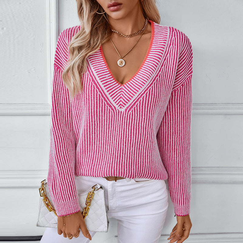 Pull-over en tricot pour femmes avec décolleté en V et design rayé Chic und Stil