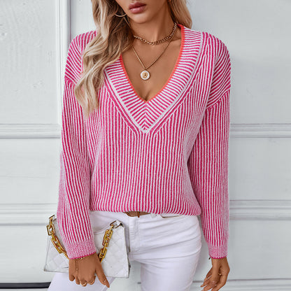 Pull-over en tricot pour femmes avec décolleté en V et design rayé Chic und Stil