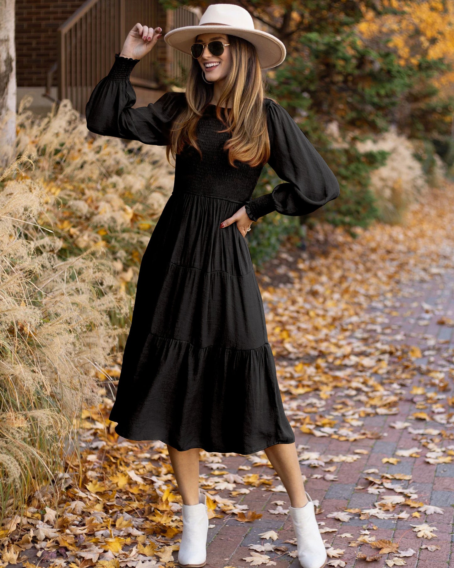 Robe midi pour femmes avec des manches ballon et un détail en volants Chic und Stil