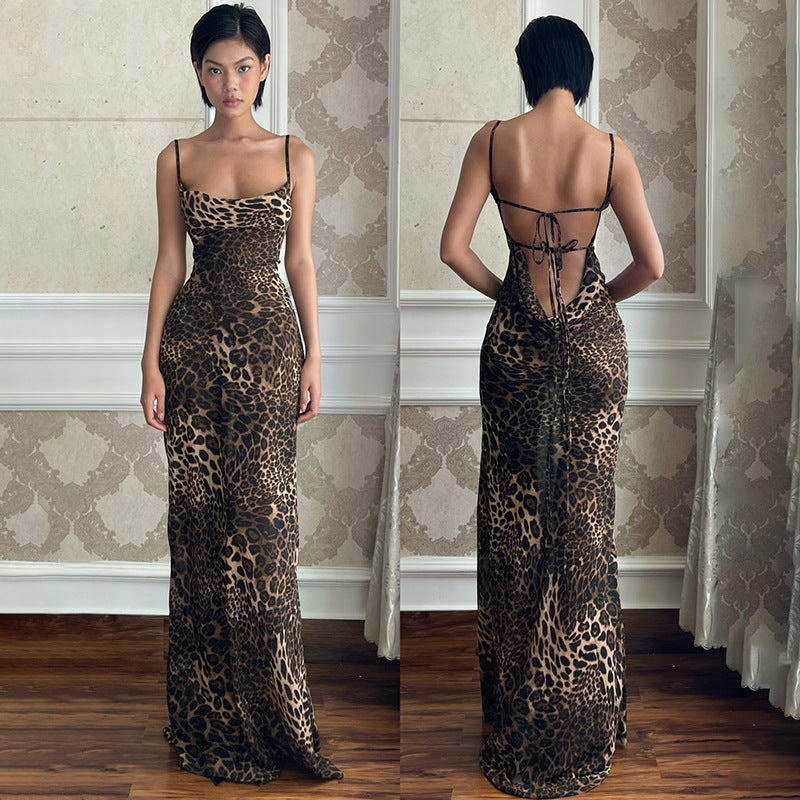 Dames Élégant Robe Maxi Imprimé Léopard Dos Nu Chic und Stil