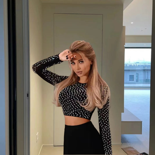 Dames Élégant Haut-Crop à Manches Longues avec Garniture de Perles Chic und Stil