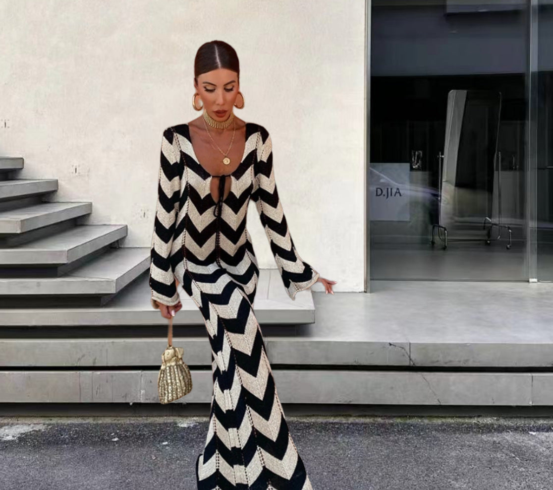 Robe maxi en tricot pour femmes avec motif en zigzag et découpes discrètes Chic und Stil