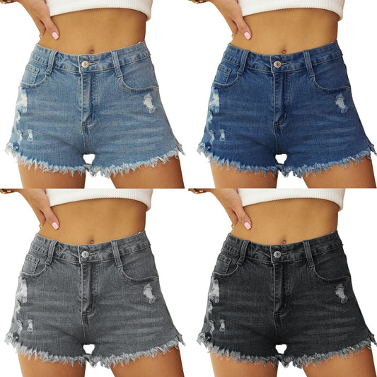 Women's Destroyed Denim Shorts with Frayed Hem and High Waist Chic und Stil