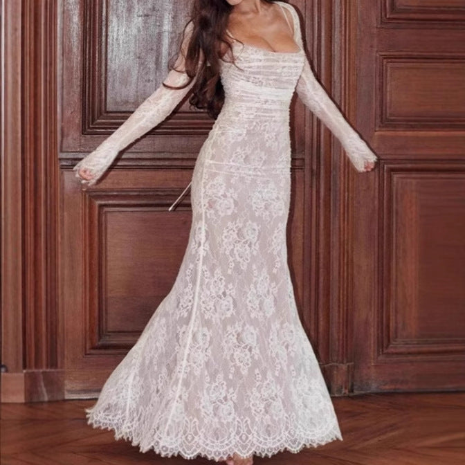 Robe de soirée élégante en dentelle pour femmes avec décolleté en V profond et manches transparentes Chic und Stil