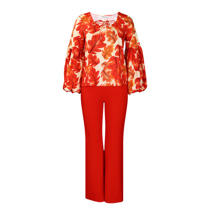 Women Elegant set consisting of a casual blouse with voluminous sleeves and classic pants Chic and Style
