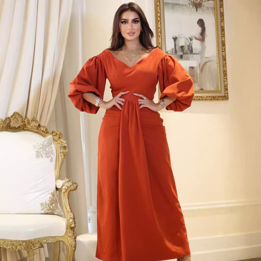 Dames Élégante Robe Maxi avec des Manches Volumineuses et un Drapé Cintré Chic und Stil