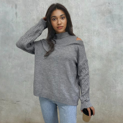 Pull en tricot pour dames avec un design d'épaule ouverte et un col montant élégant Chic und Stil