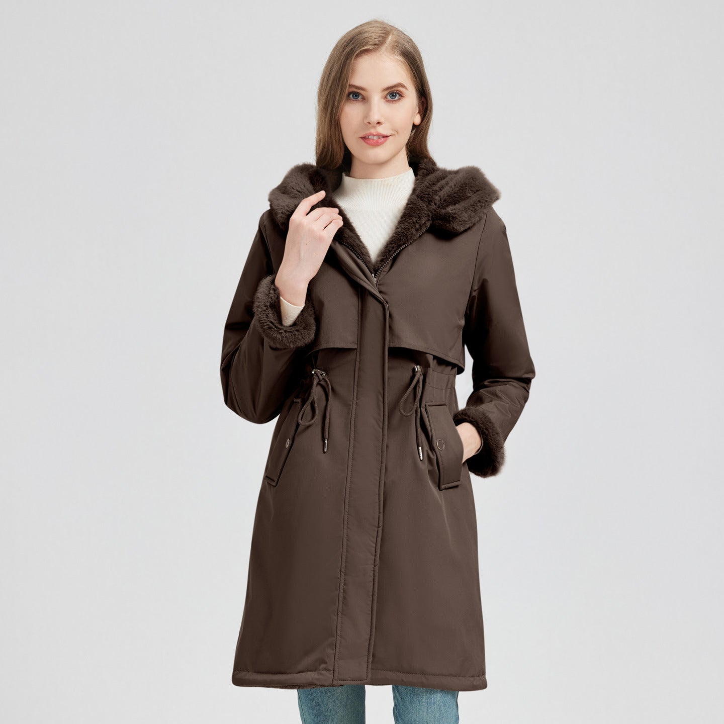 Dames élégant et chaud parka avec col en fausse fourrure amovible et détails de lacets pratiques Chic und Stil