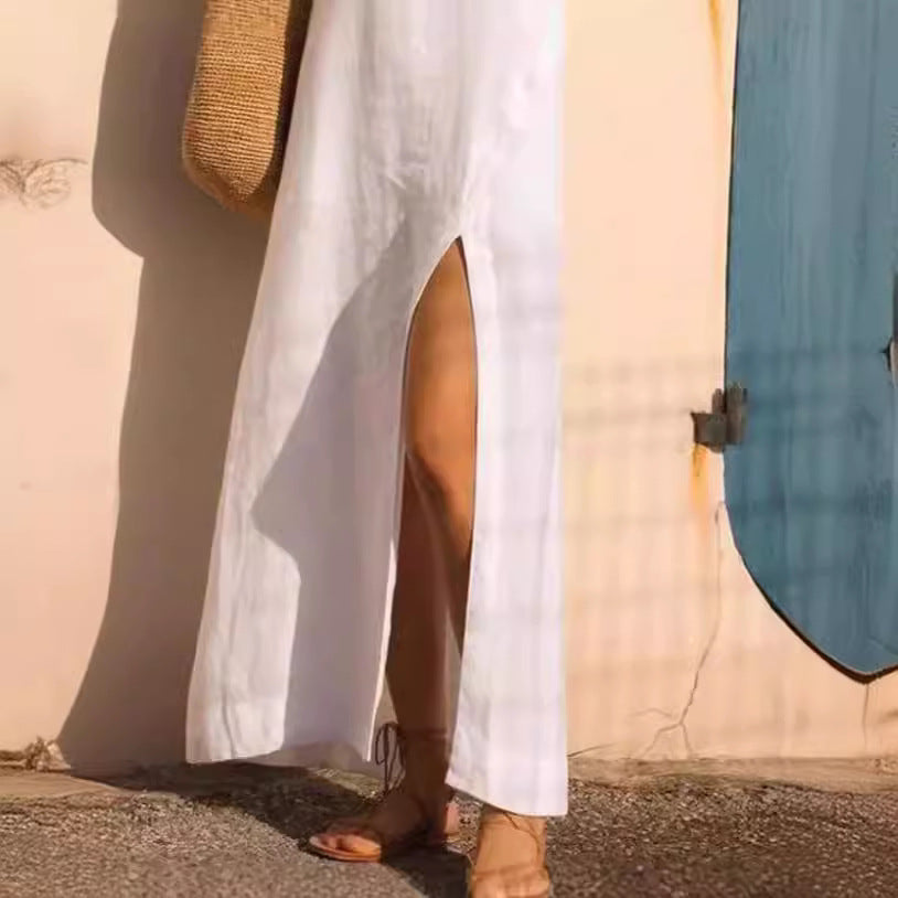 Dames Robe d'été légère avec fente latérale et bretelles spaghetti Chic und Stil