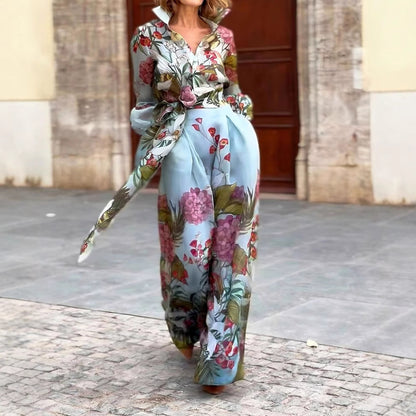 Dames Élégante Robe Maxi avec Motif Floral et Belle Ceinture Chic und Stil